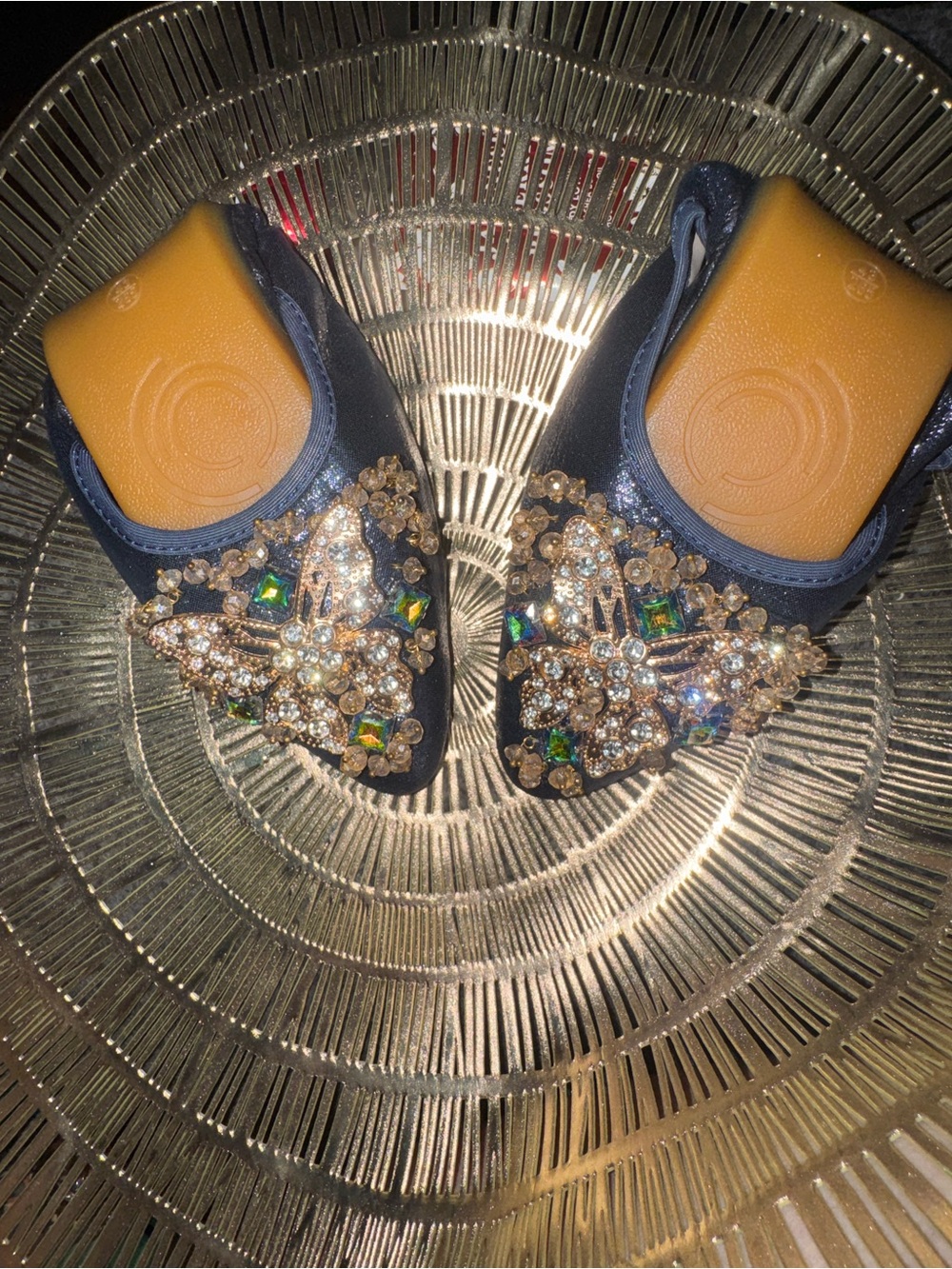 Unused, Never Worn ~ Foldable & Bag Sized ~ Navy Crystal Butterfly Slip-On Flats